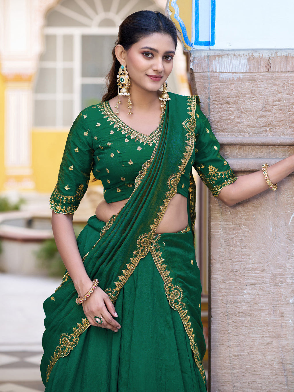 Radiant Green Pink Thread Work Silk Mehendi Wear Lehenga Choli