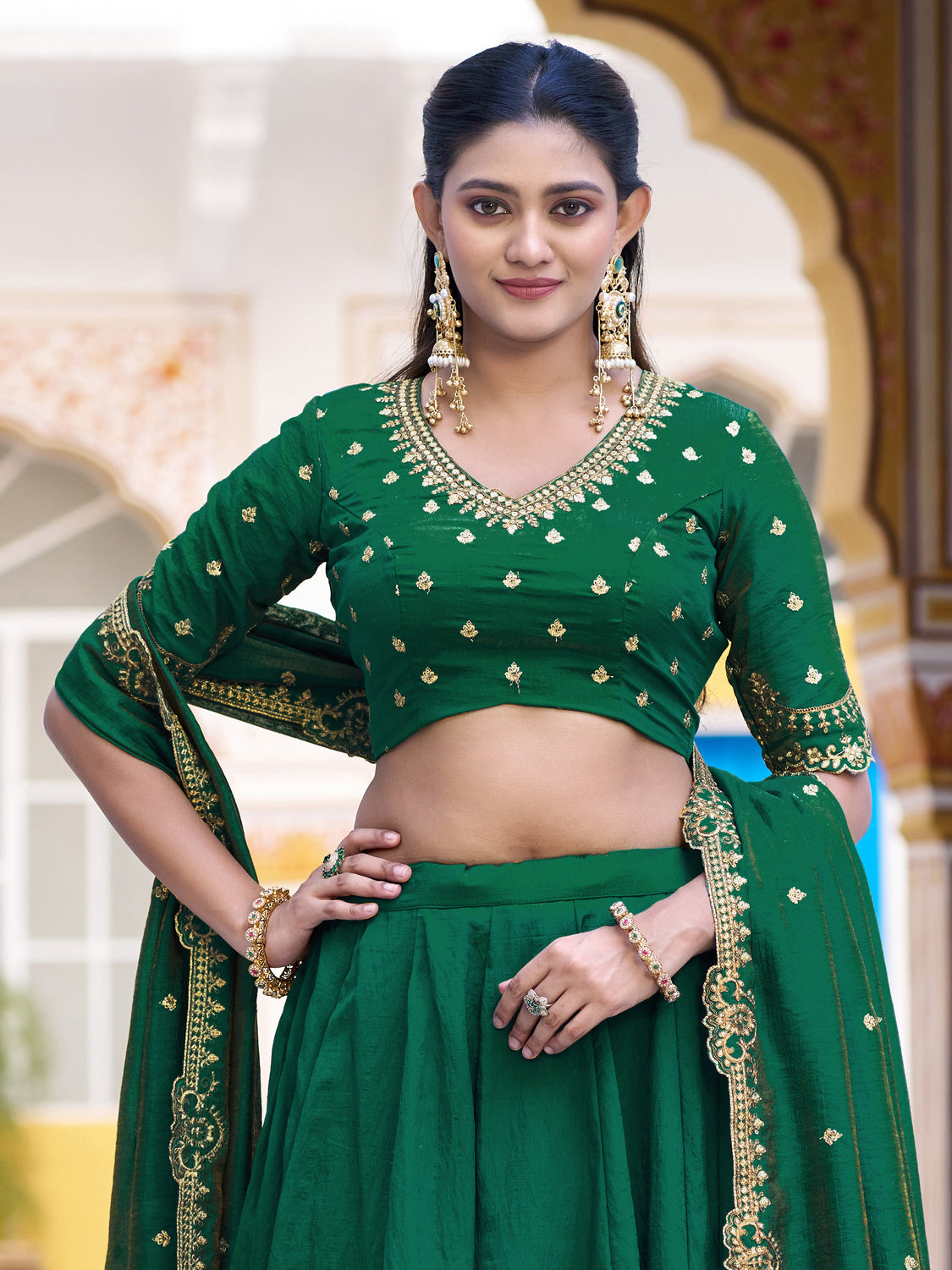 Radiant Green Pink Thread Work Silk Mehendi Wear Lehenga Choli