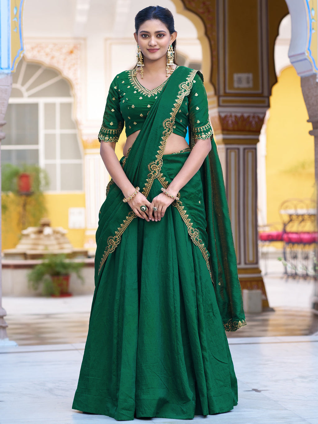 Radiant Green Pink Thread Work Silk Mehendi Wear Lehenga Choli
