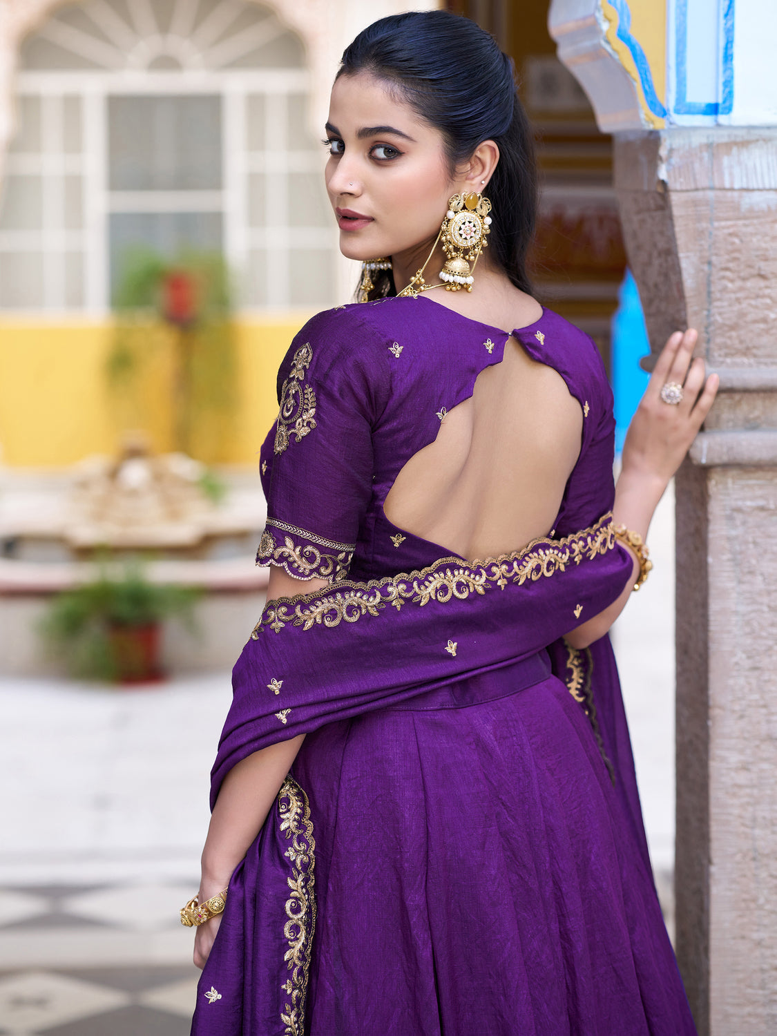 Classic Purple Thread Work Silk Wedding Wear Lehenga Choli With Dupatta