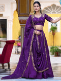 Classic Purple Thread Work Silk Wedding Wear Lehenga Choli With Dupatta