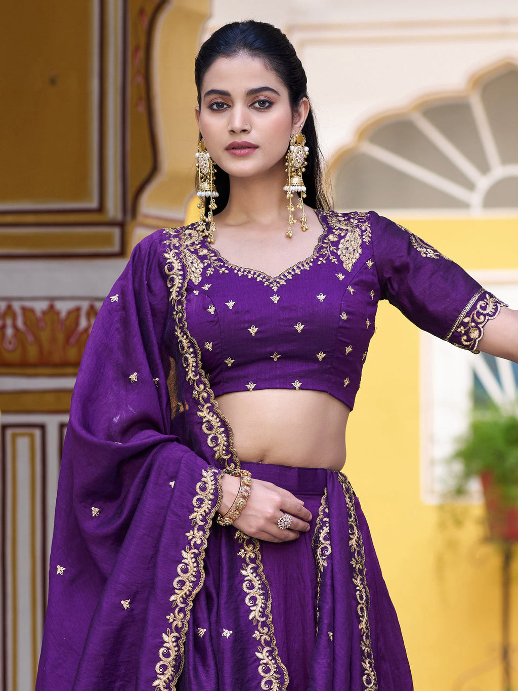 Classic Purple Thread Work Silk Wedding Wear Lehenga Choli With Dupatta