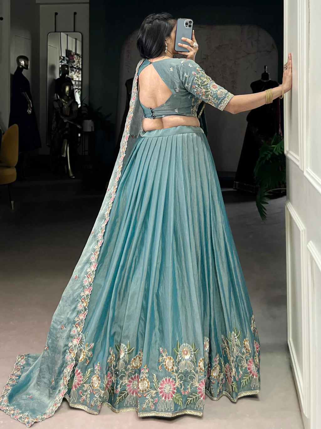Sky Blue Beautiful Organza Zari Weaving Engagement Wear Lehenga Choli