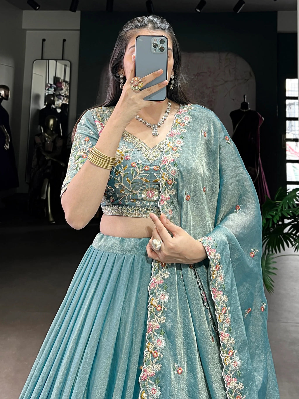 Sky Blue Beautiful Organza Zari Weaving Engagement Wear Lehenga Choli