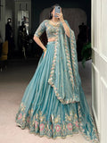 Sky Blue Beautiful Organza Zari Weaving Engagement Wear Lehenga Choli