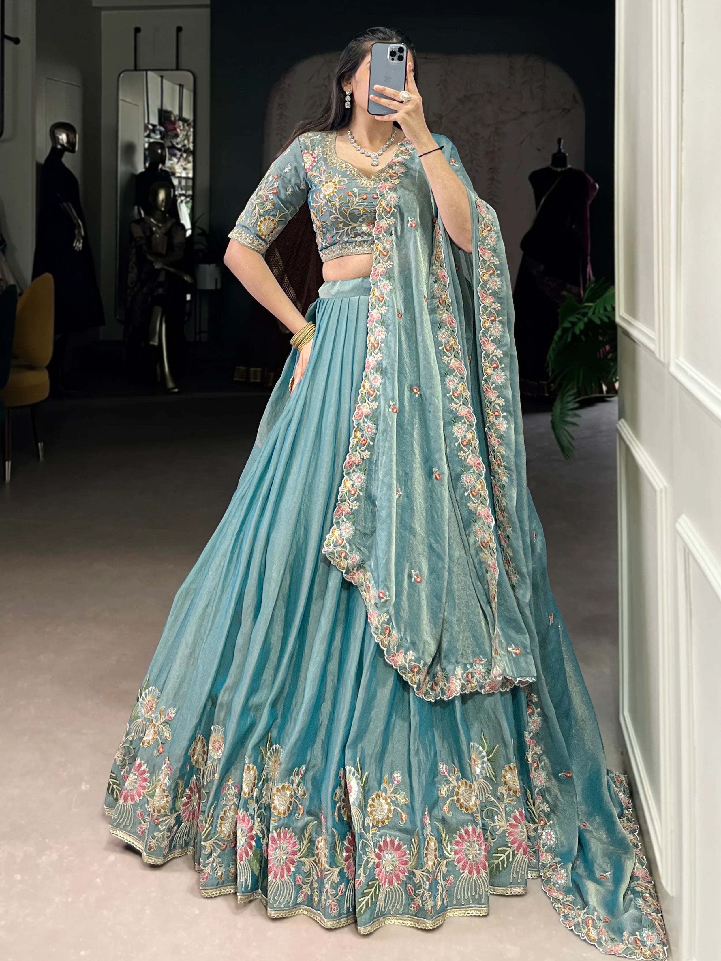 Sky Blue Beautiful Organza Zari Weaving Engagement Wear Lehenga Choli