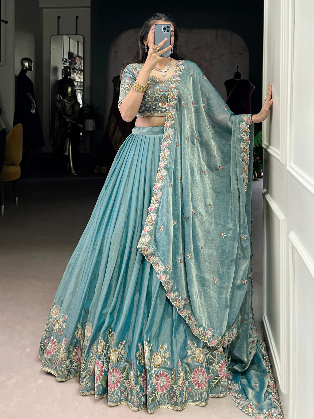 Sky Blue Beautiful Organza Zari Weaving Engagement Wear Lehenga Choli