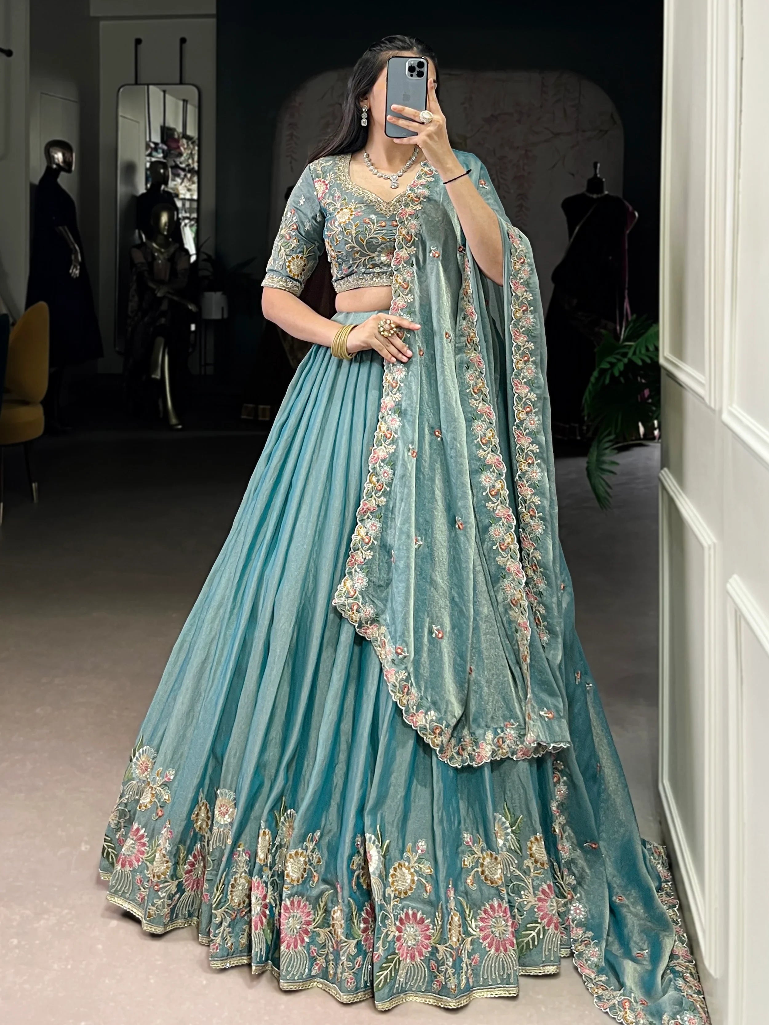 Sky Blue Beautiful Organza Zari Weaving Engagement Wear Lehenga Choli