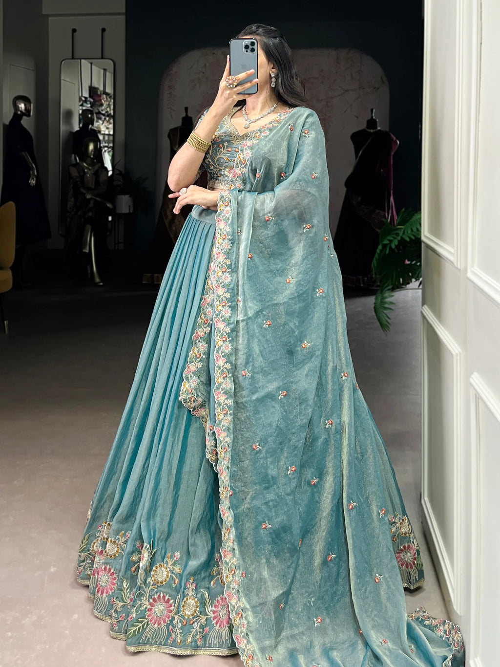 Sky Blue Beautiful Organza Zari Weaving Engagement Wear Lehenga Choli