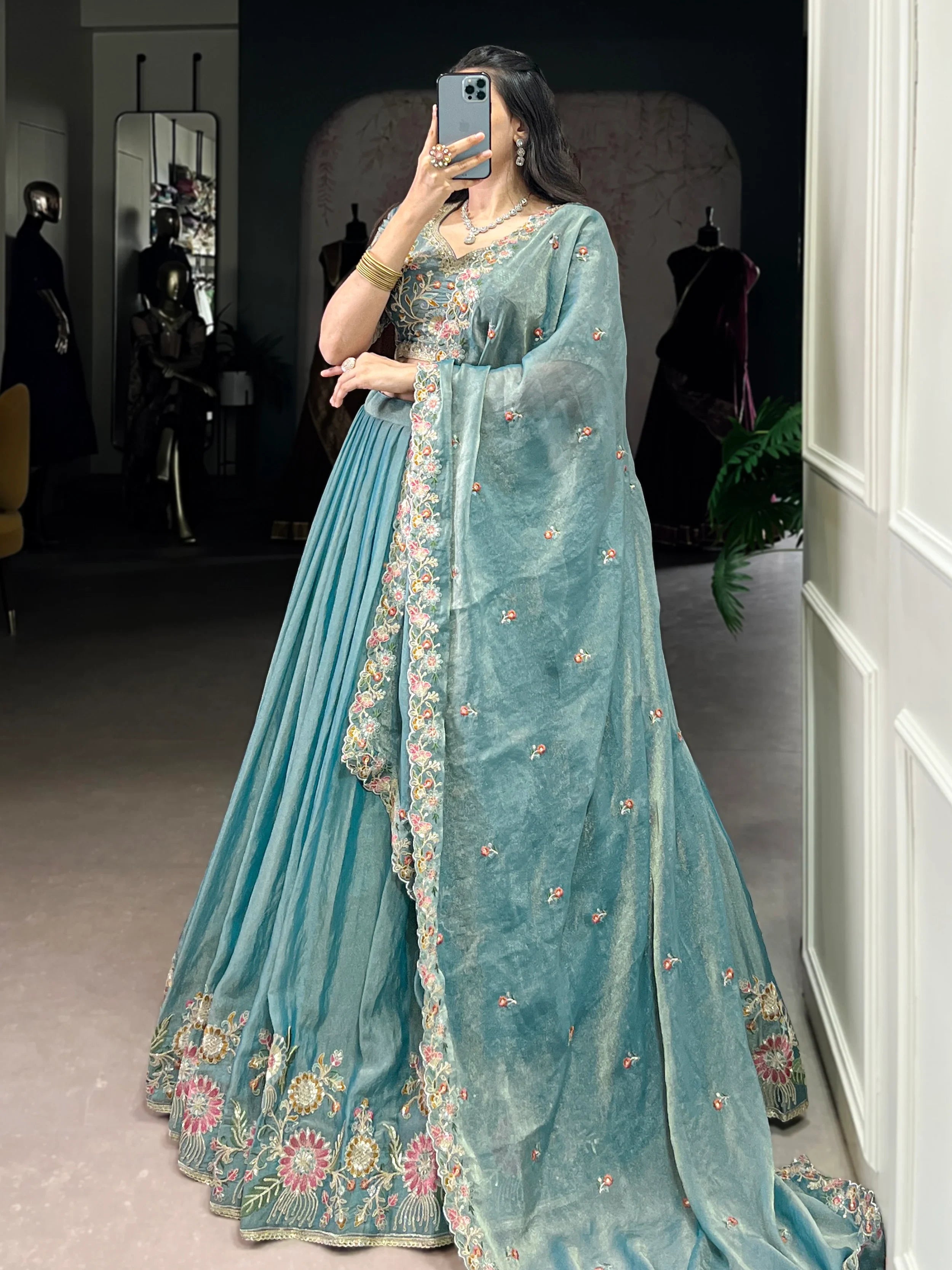 Sky Blue Beautiful Organza Zari Weaving Engagement Wear Lehenga Choli