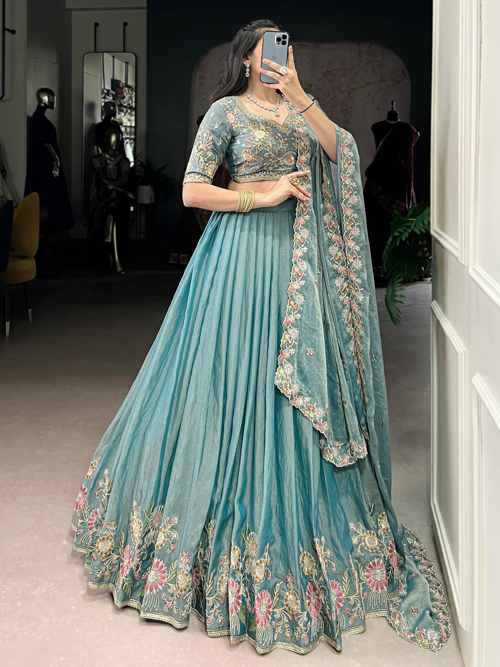 Sky Blue Beautiful Organza Zari Weaving Engagement Wear Lehenga Choli
