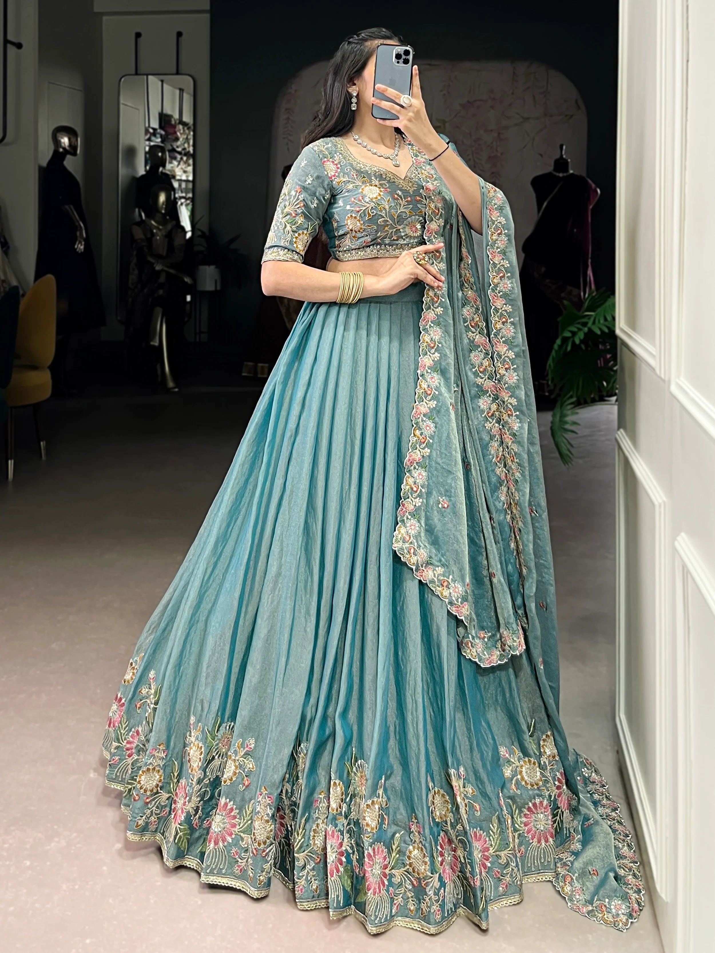 Sky Blue Beautiful Organza Zari Weaving Engagement Wear Lehenga Choli