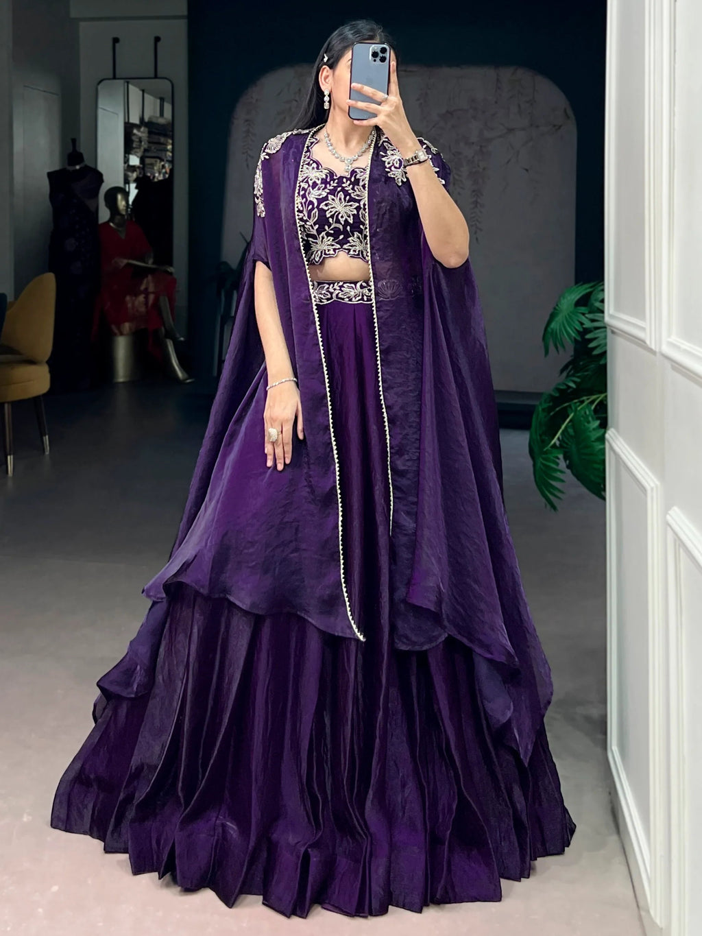 Delicate Purple Bead Work Silk Party Wear Lehenga Choli With Shrug