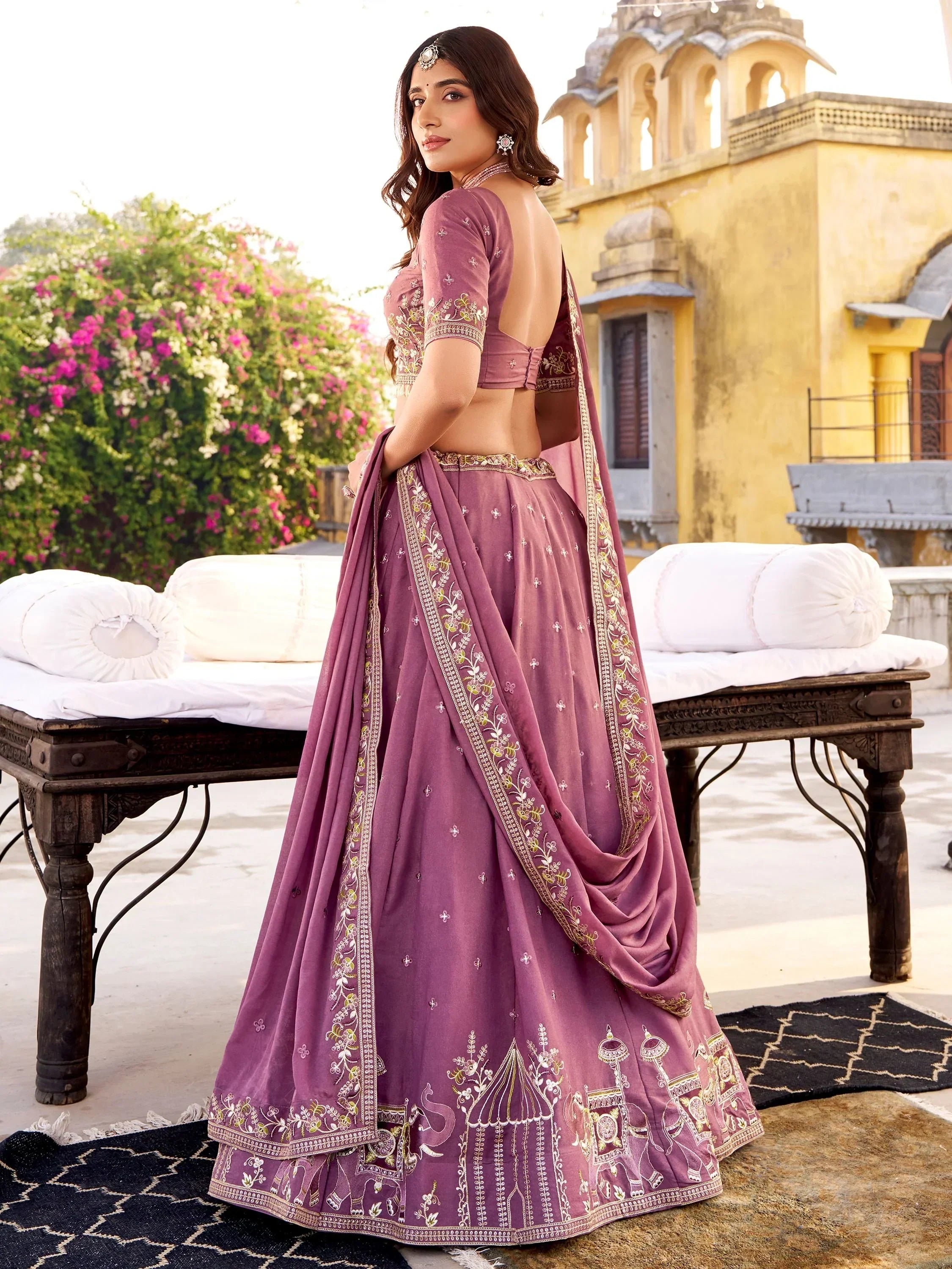 Lavender Glowing Thread Embroidered Silk Festival Wear Lehenga Choli