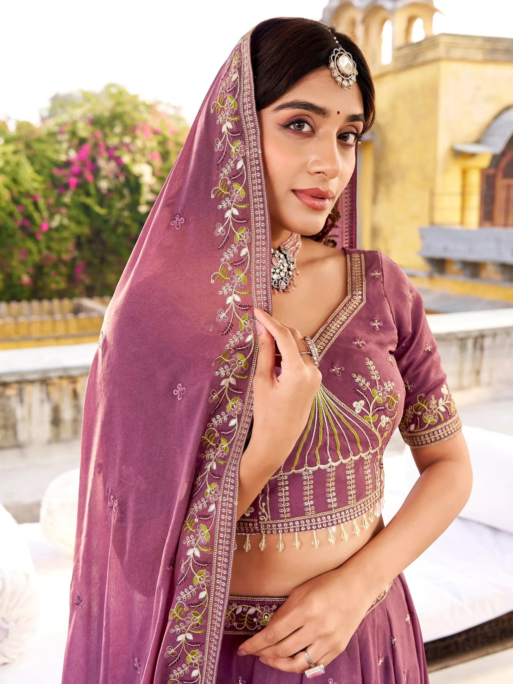 Lavender Glowing Thread Embroidered Silk Festival Wear Lehenga Choli