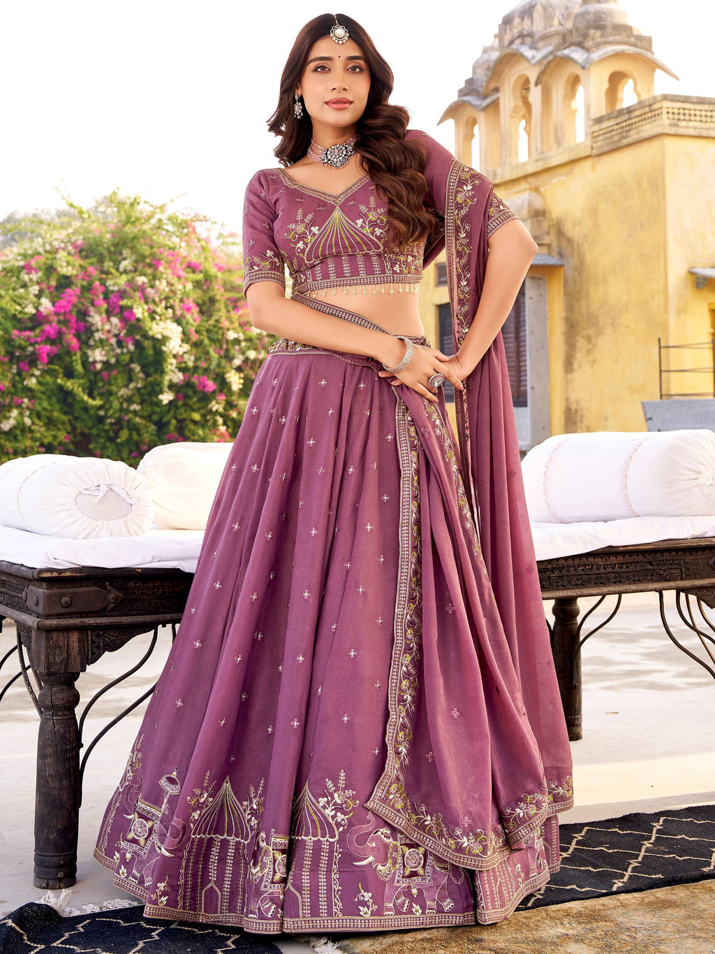 Lavender Glowing Thread Embroidered Silk Festival Wear Lehenga Choli
