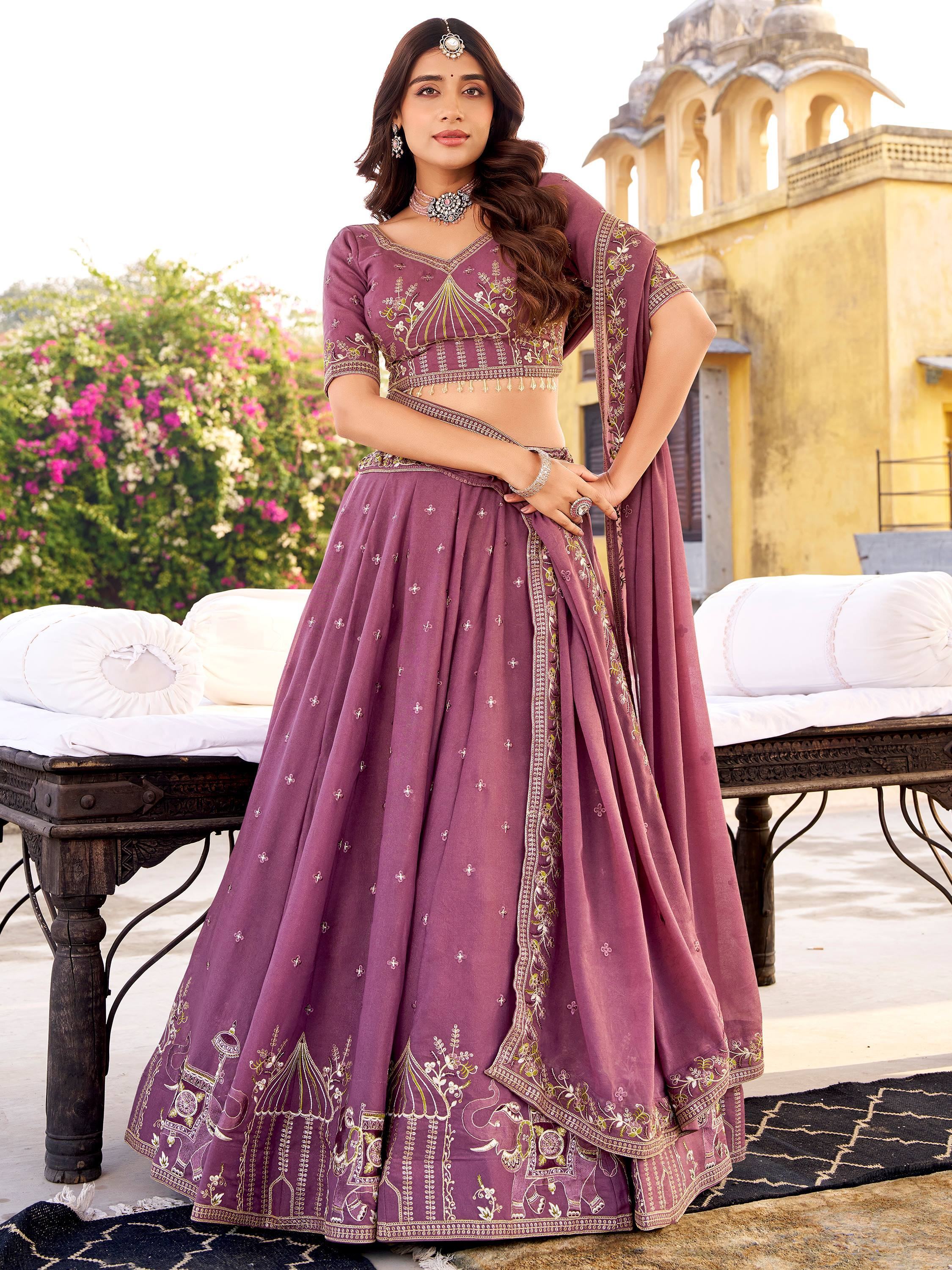 Lavender Glowing Thread Embroidered Silk Festival Wear Lehenga Choli
