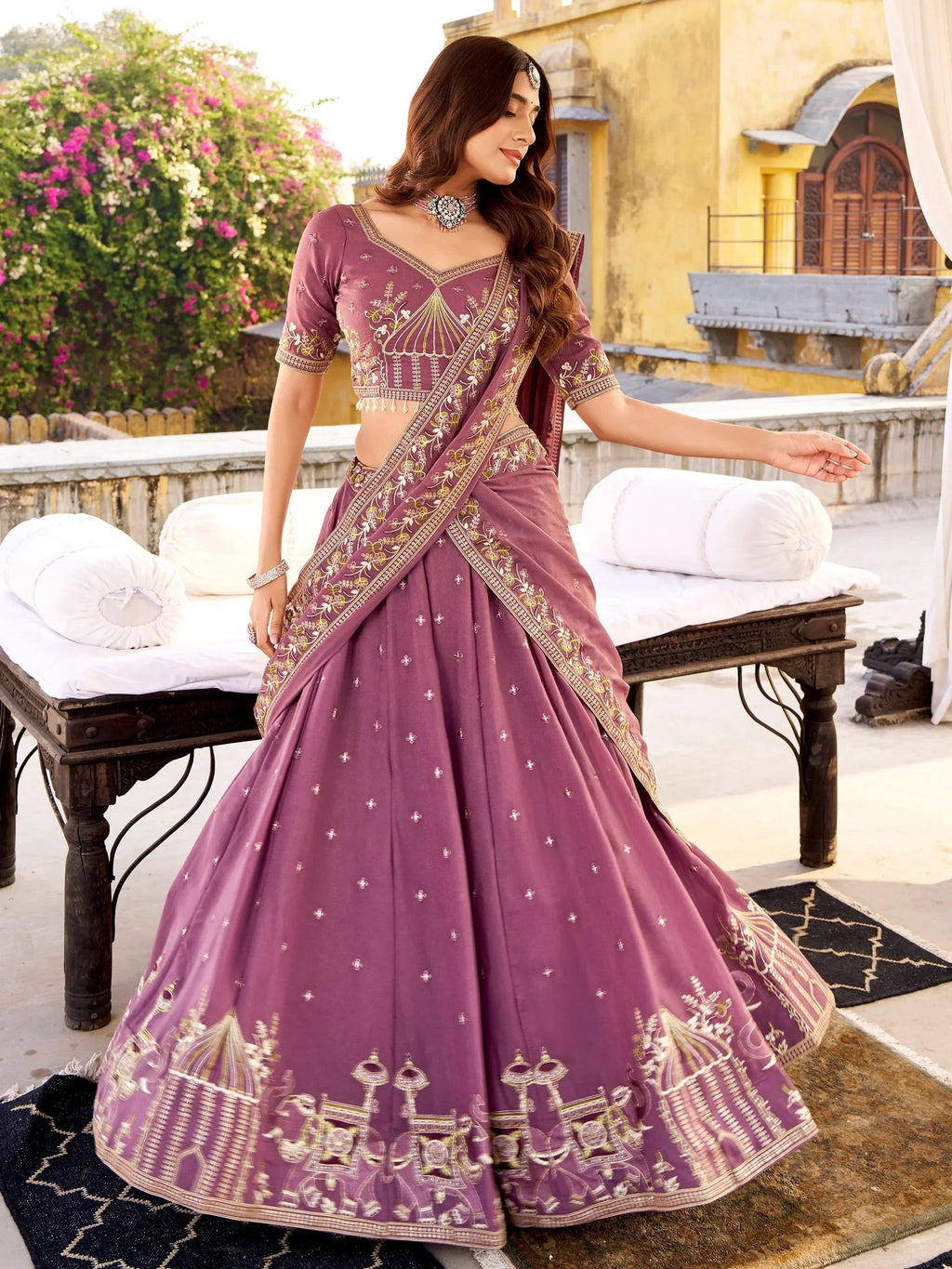 Lavender Glowing Thread Embroidered Silk Festival Wear Lehenga Choli