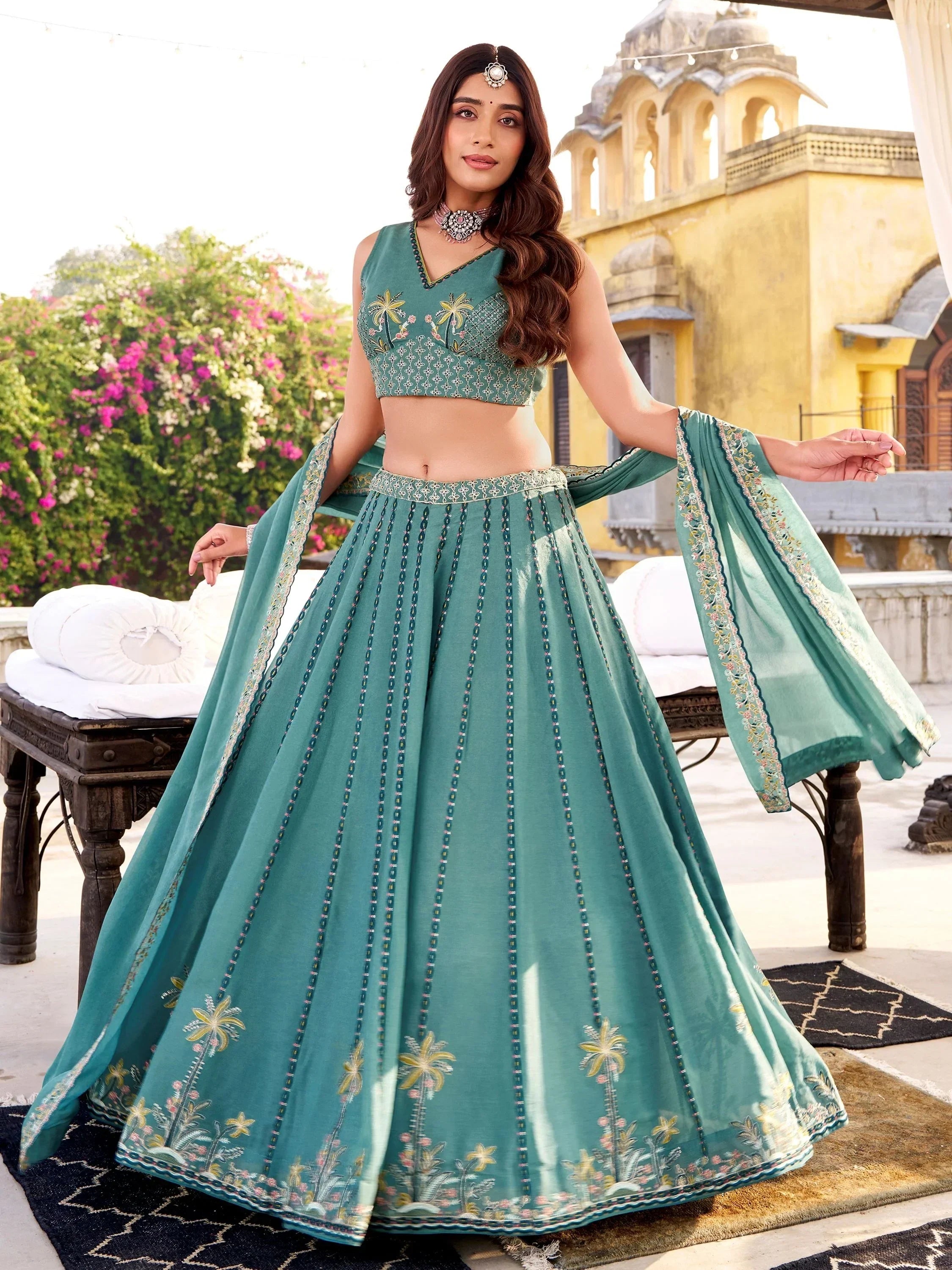 Sky Blue Glowing Thread Embroidered Silk Festival Wear Lehenga Choli