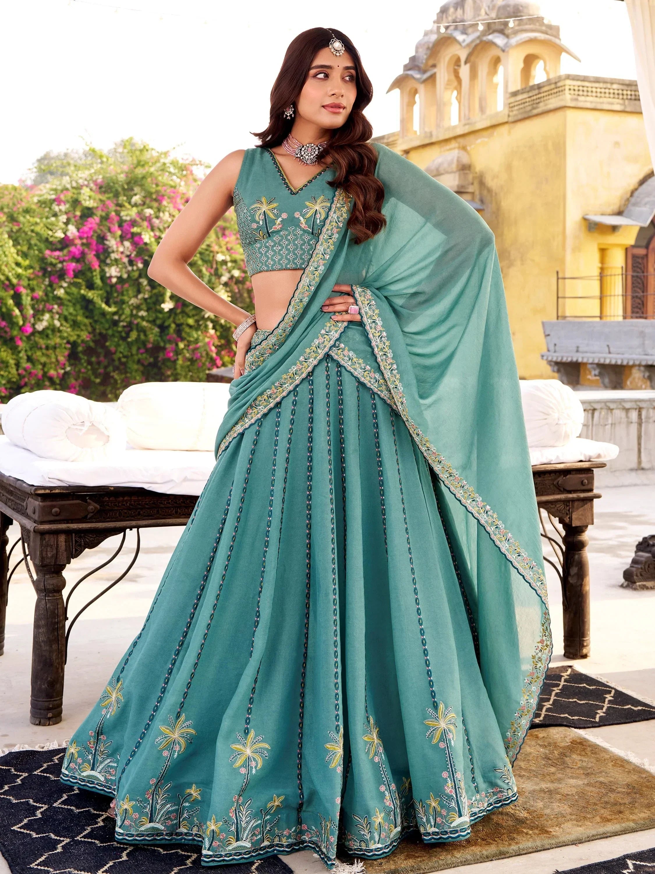 Sky Blue Glowing Thread Embroidered Silk Festival Wear Lehenga Choli