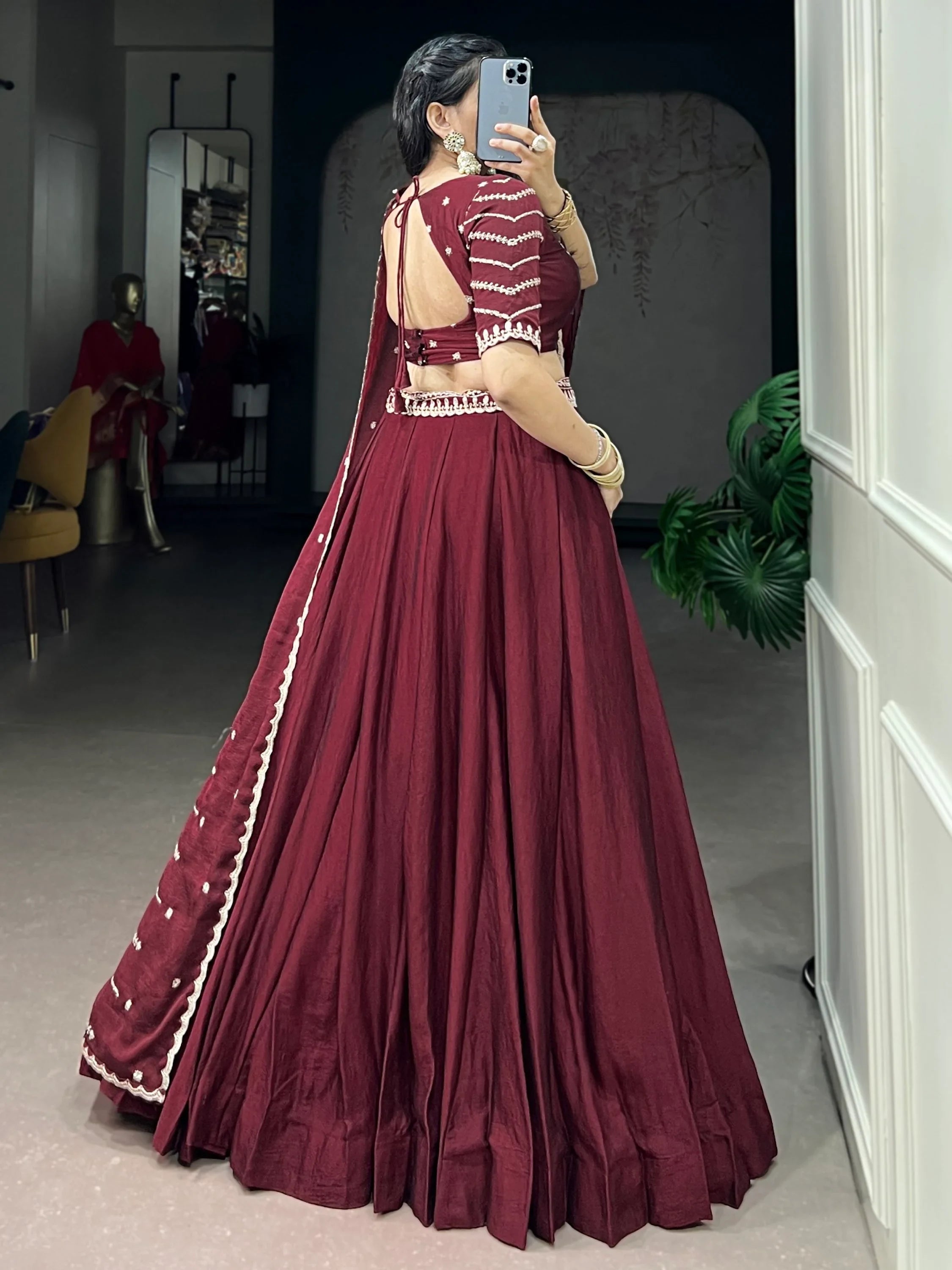 Aesthetic Maroon Crushed Wedding Wear Lehenga With Embroidered Choli