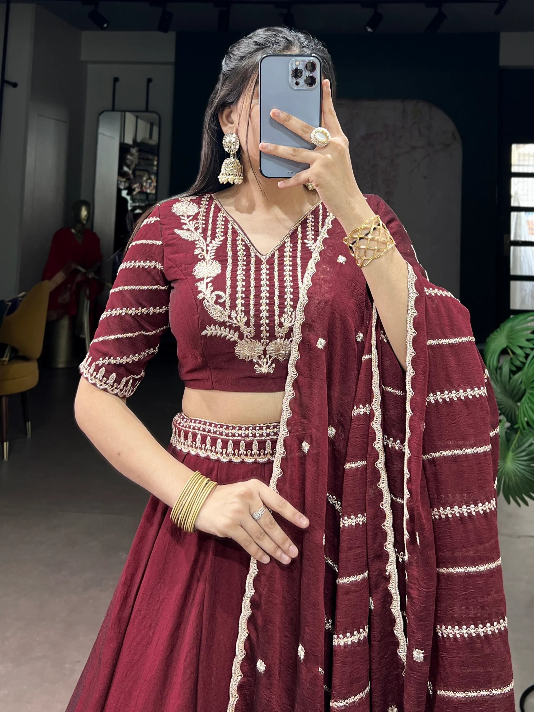 Aesthetic Maroon Crushed Wedding Wear Lehenga With Embroidered Choli