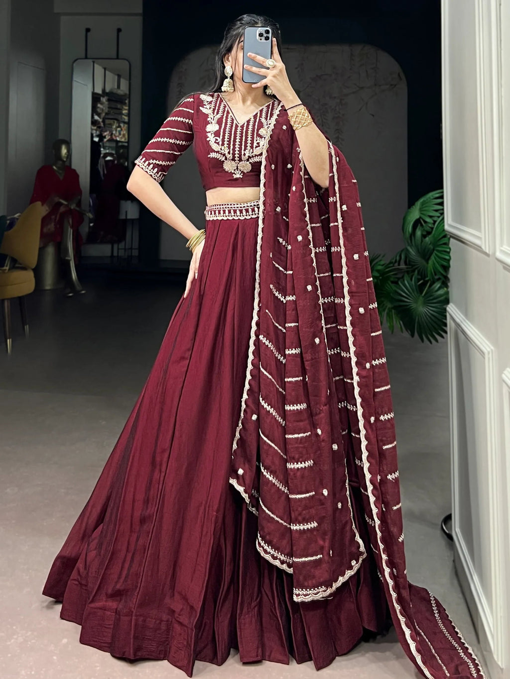 Aesthetic Maroon Crushed Wedding Wear Lehenga With Embroidered Choli