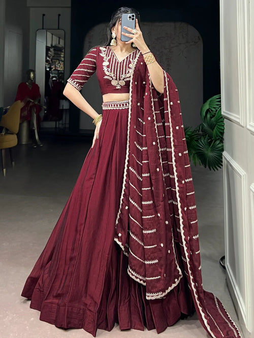 Aesthetic Maroon Crushed Wedding Wear Lehenga With Embroidered Choli