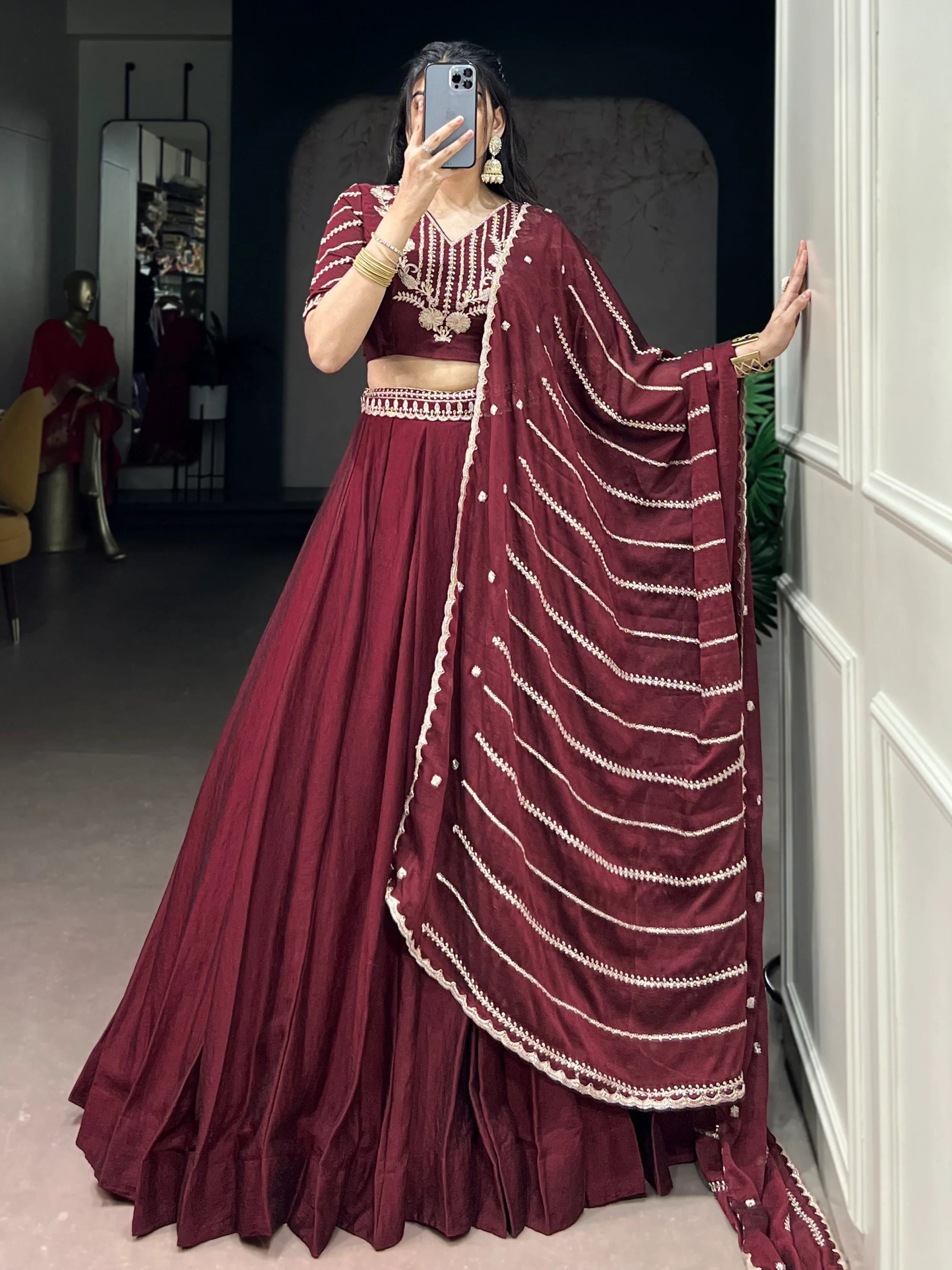 Aesthetic Maroon Crushed Wedding Wear Lehenga With Embroidered Choli