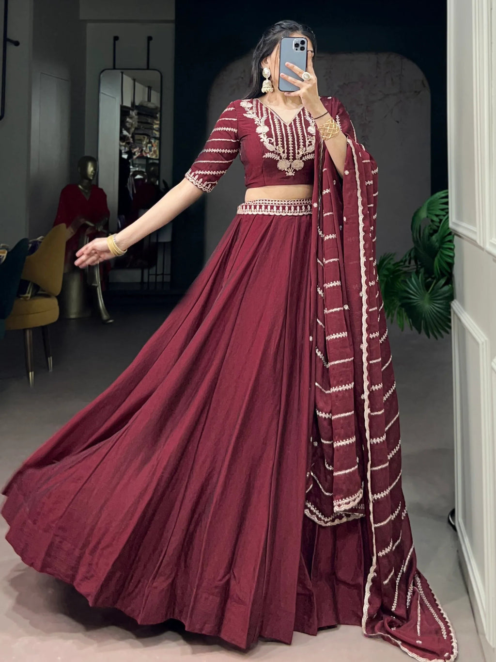 Aesthetic Maroon Crushed Wedding Wear Lehenga With Embroidered Choli