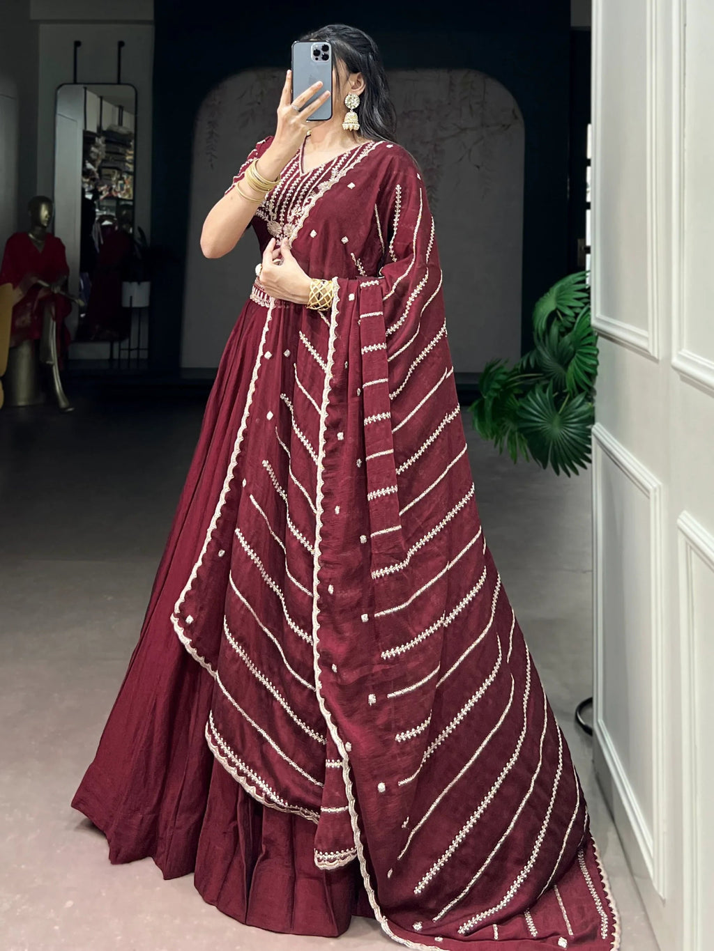 Aesthetic Maroon Crushed Wedding Wear Lehenga With Embroidered Choli