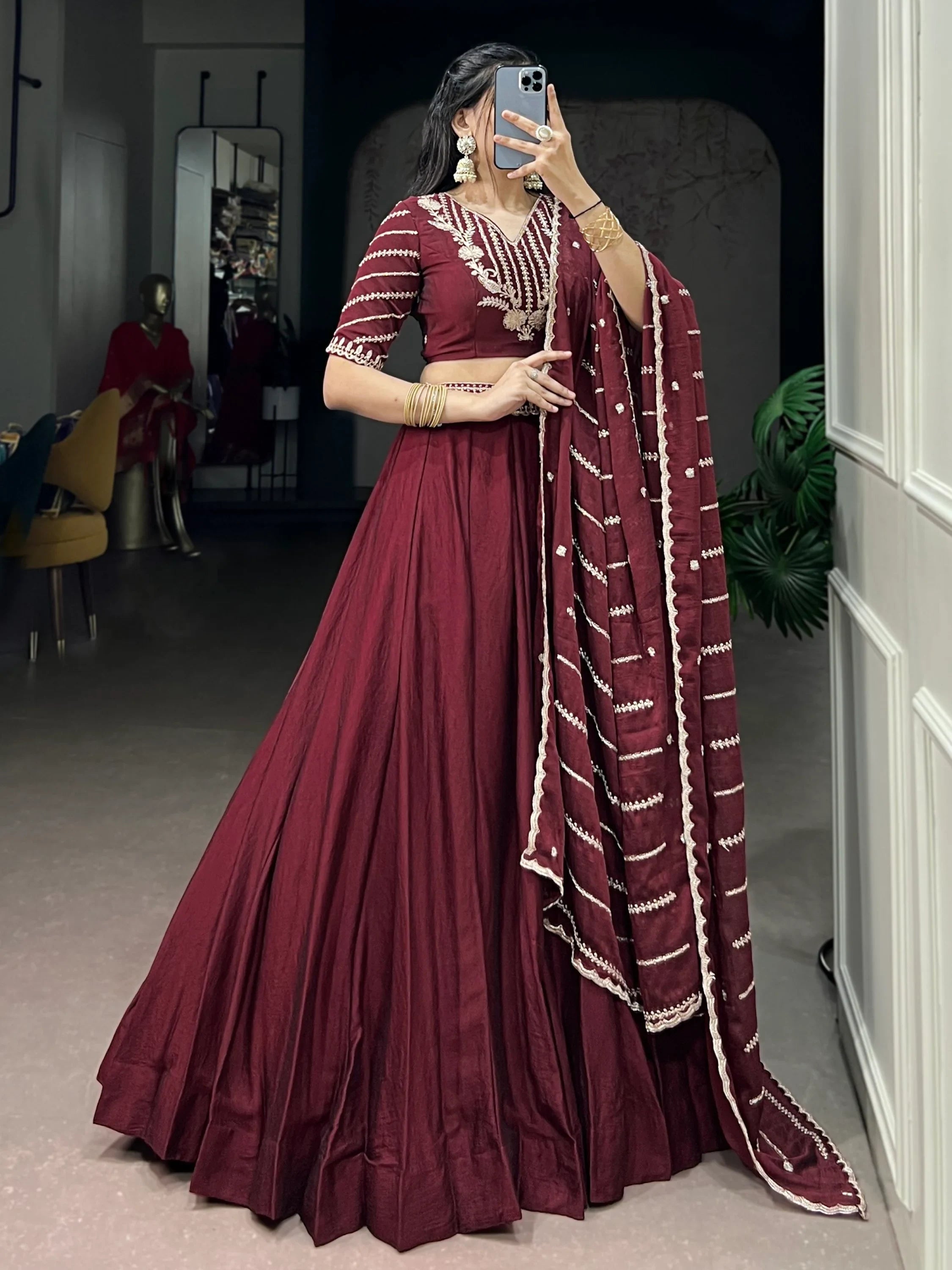 Aesthetic Maroon Crushed Wedding Wear Lehenga With Embroidered Choli