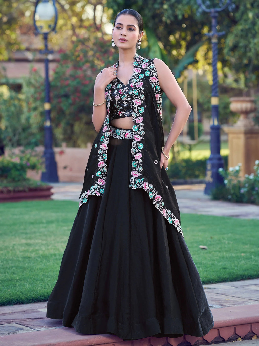 Graceful Black Embroidered Organza Party Wear Lehenga Choli