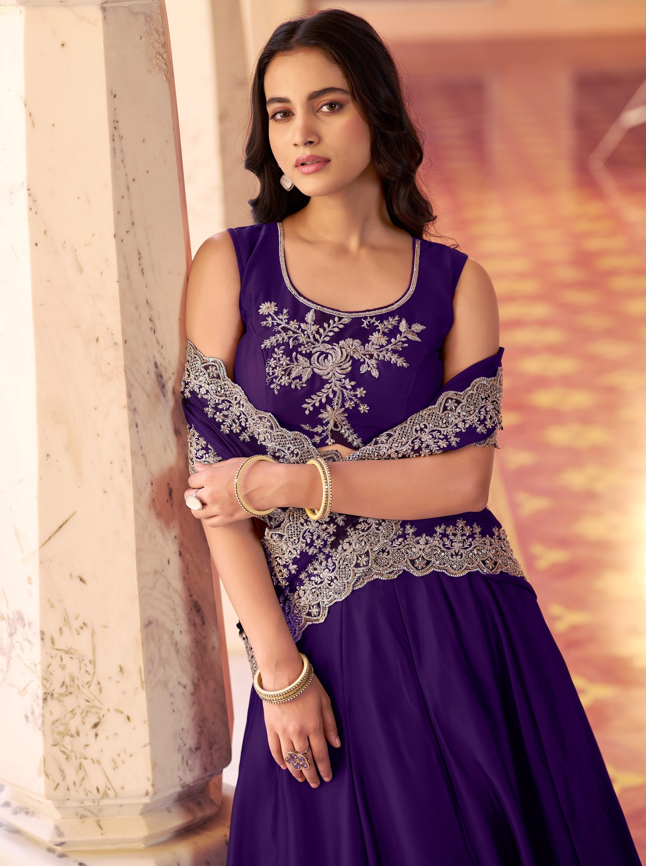 Purple Alluring Sea Bead Work Silk Traditional Lehenga Choli With Dupatta