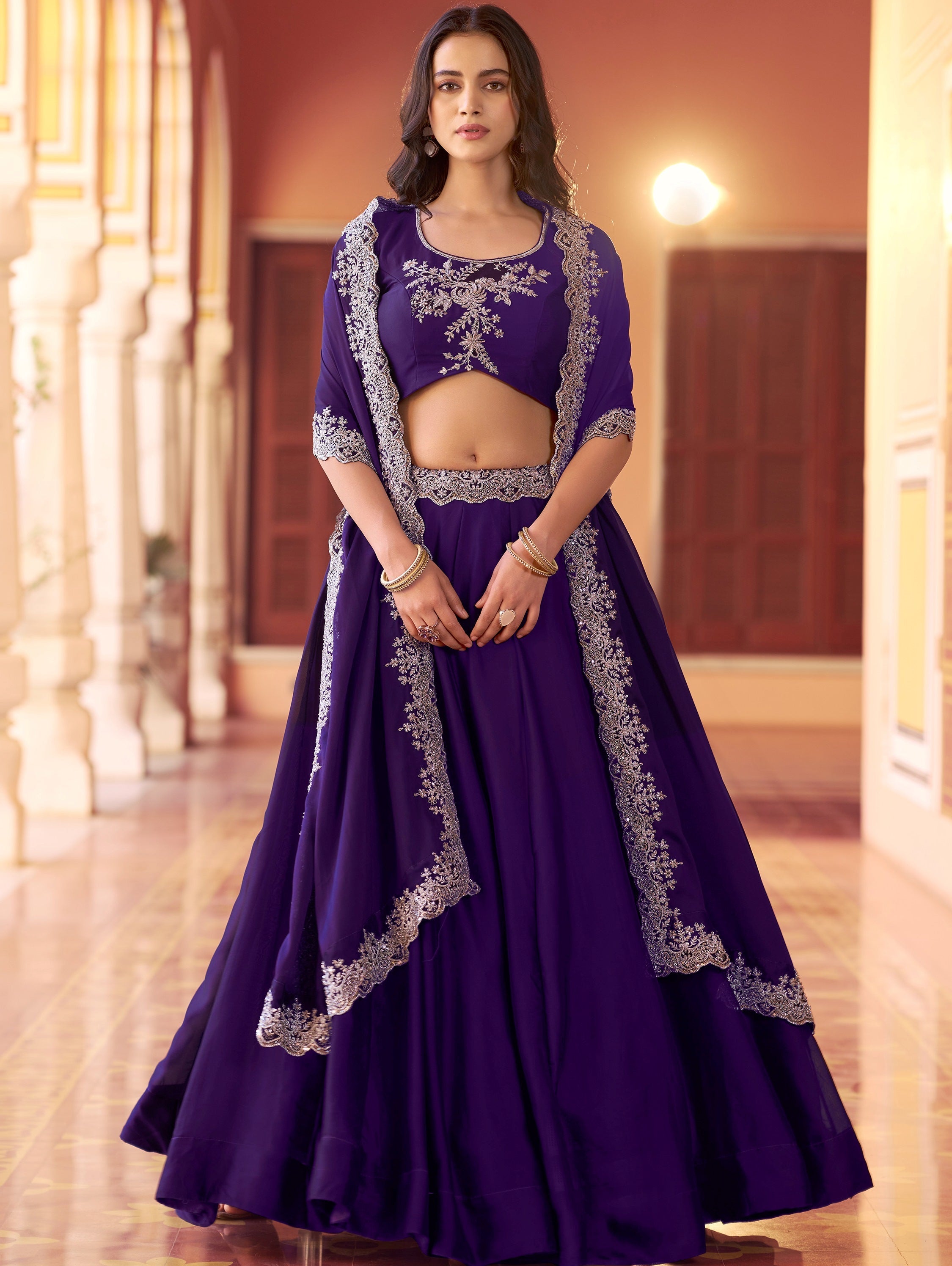 Purple Alluring Sea Bead Work Silk Traditional Lehenga Choli With Dupatta