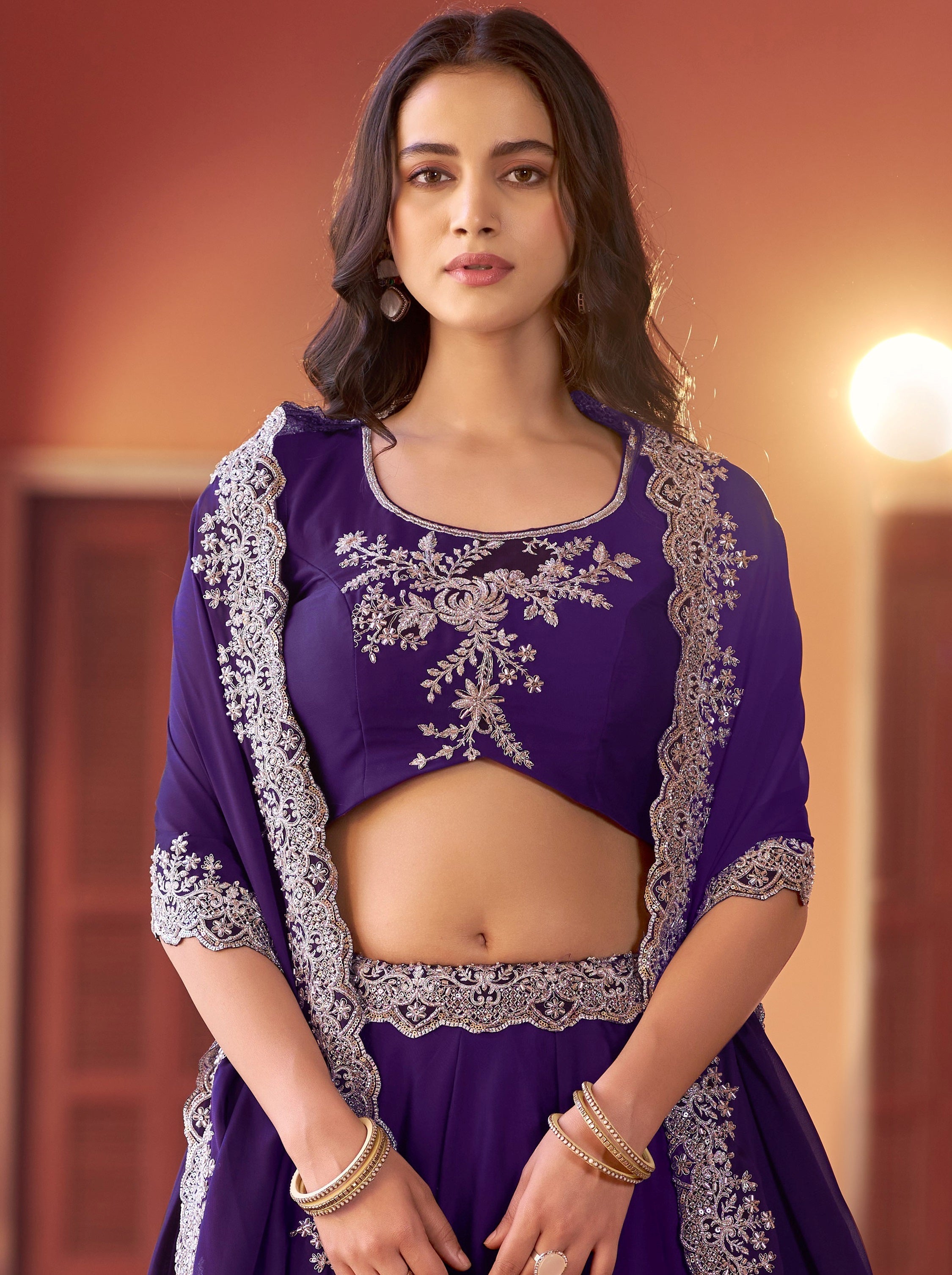 Purple Alluring Sea Bead Work Silk Traditional Lehenga Choli With Dupatta