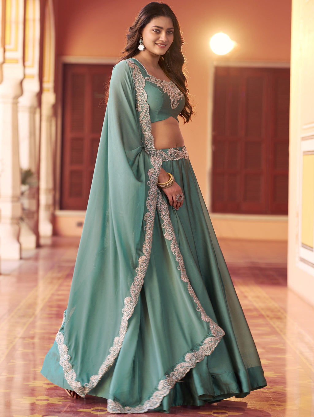 Sea Green Alluring Sea Bead Work Silk Traditional Lehenga Choli With Dupatta