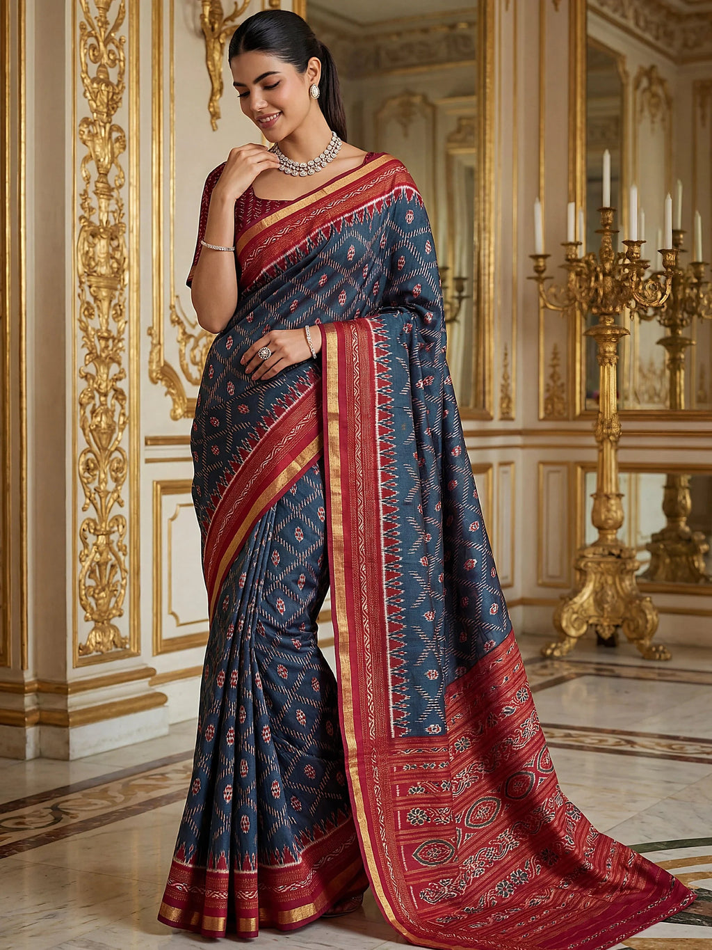 Navy Stunning Zari Weaving Silk Festive Wear Saree