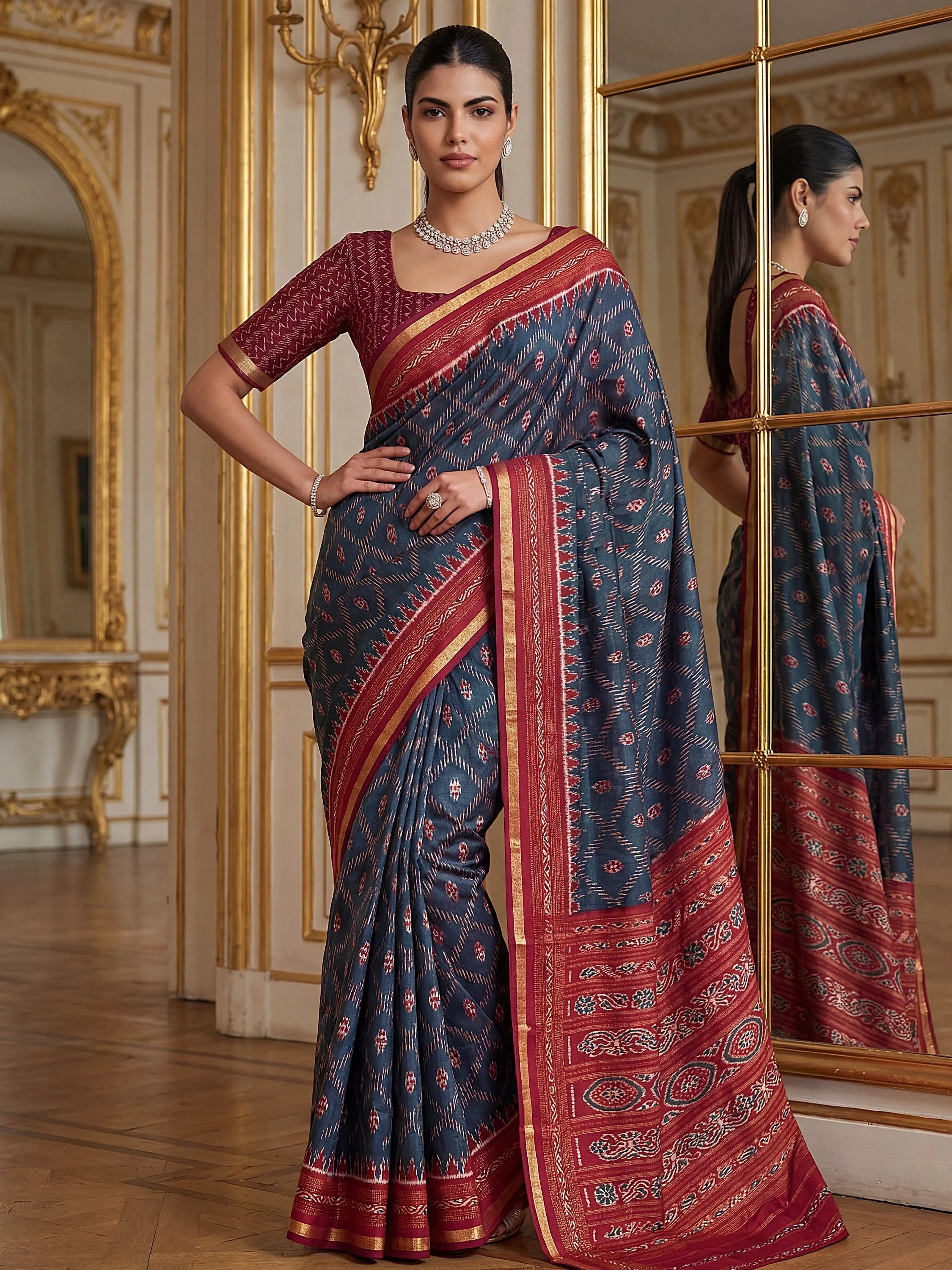 Navy Stunning Zari Weaving Silk Festive Wear Saree