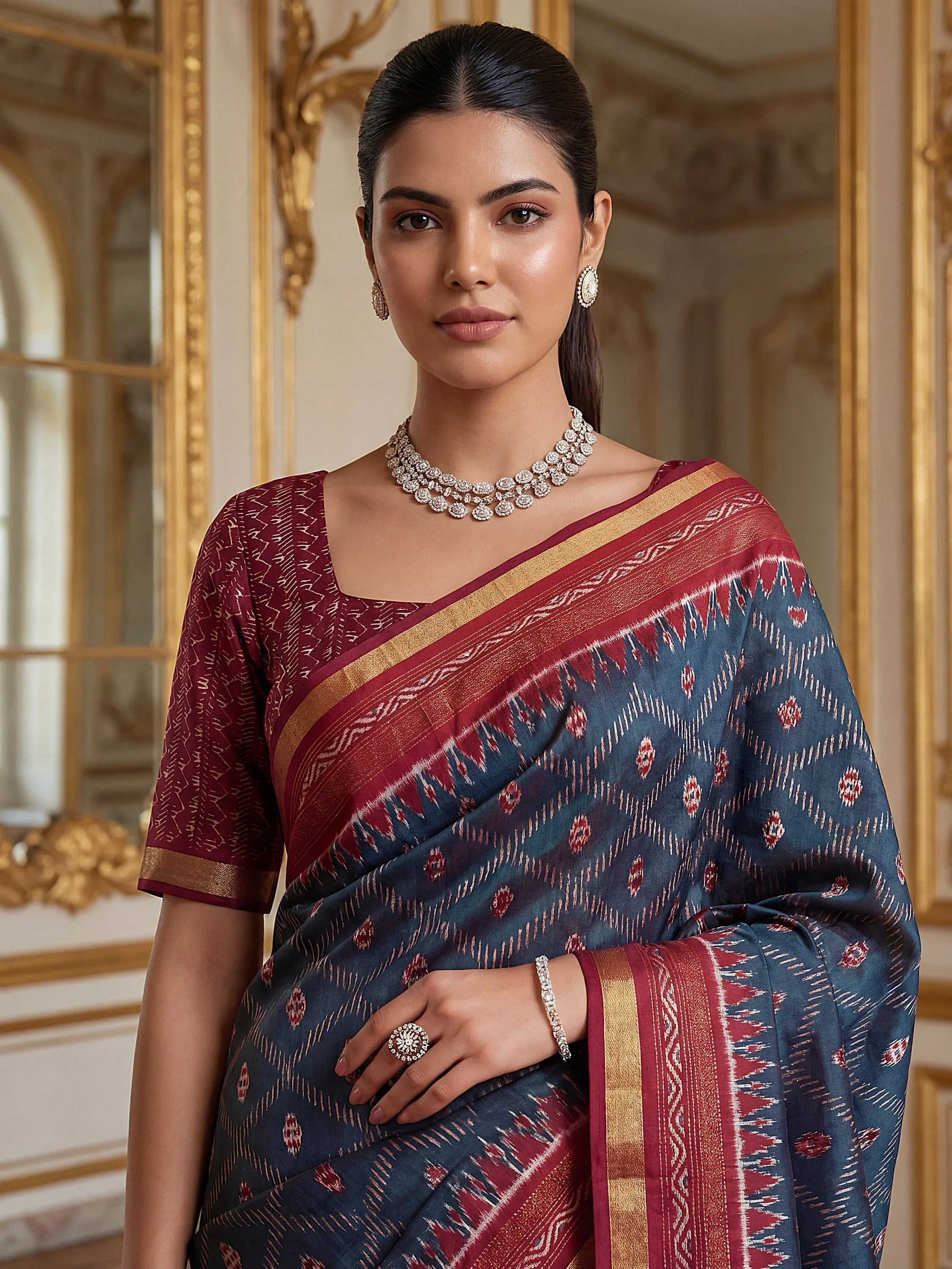 Navy Stunning Zari Weaving Silk Festive Wear Saree