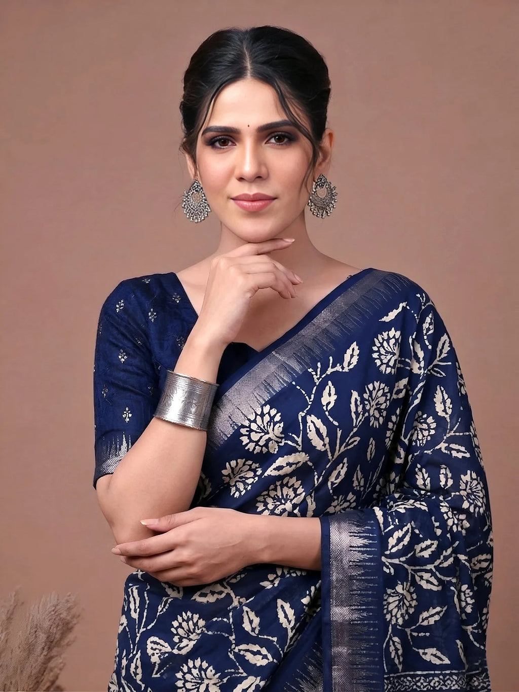 Navy Majestic Floral Printed Silk Casual Wear Saree With Blouse