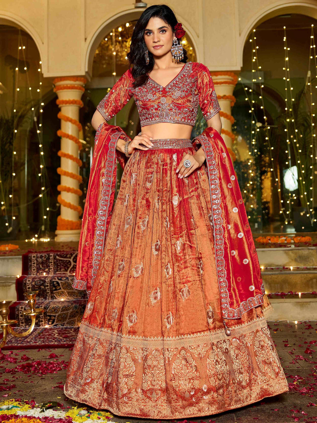 Attractive Orange Zari Weaving Tissue Engagement Wear Lehenga Choli