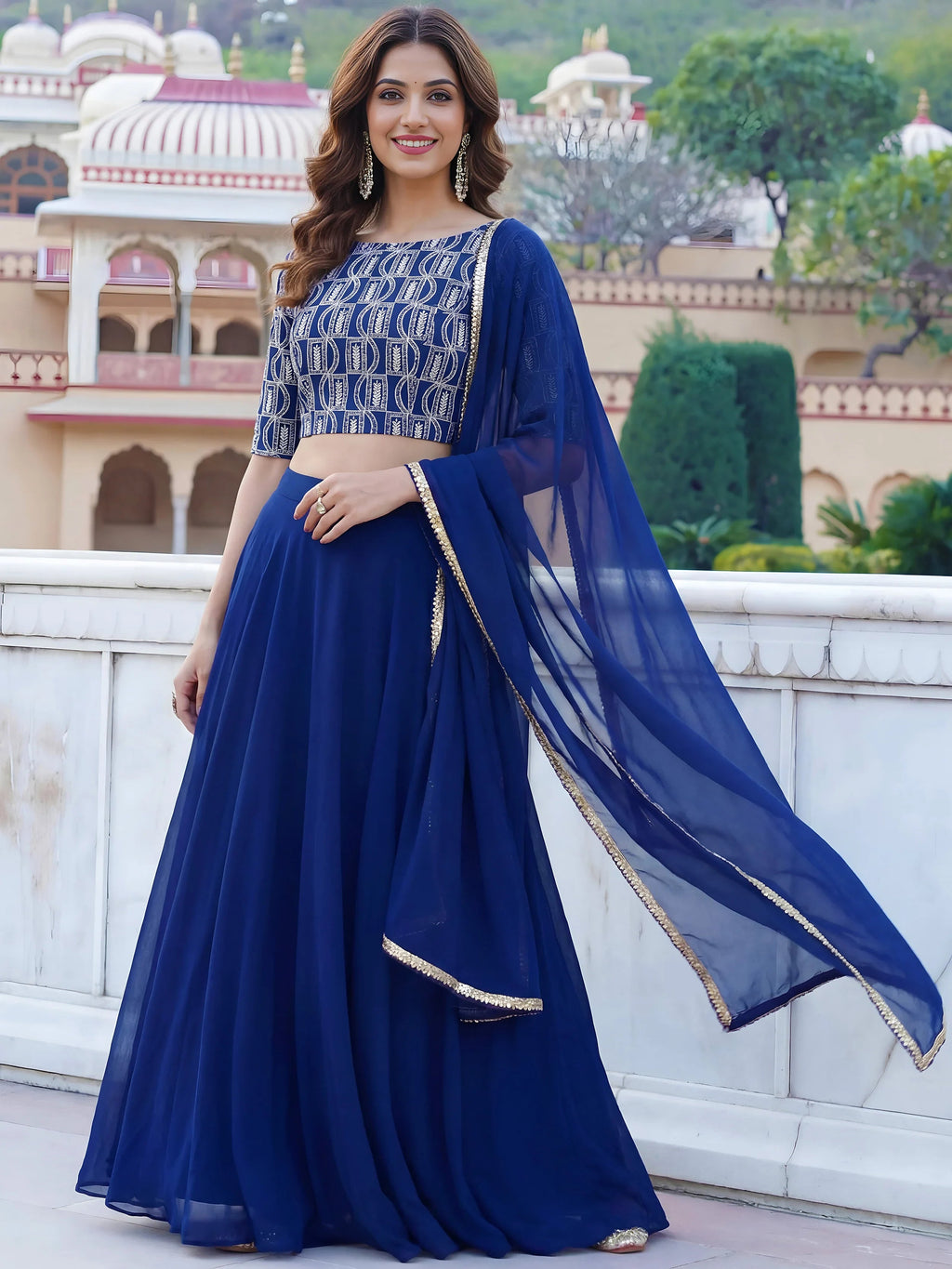 Glowing Blue Embroidered Georgette Sangeet Wear Plus Size Lehenga Choli