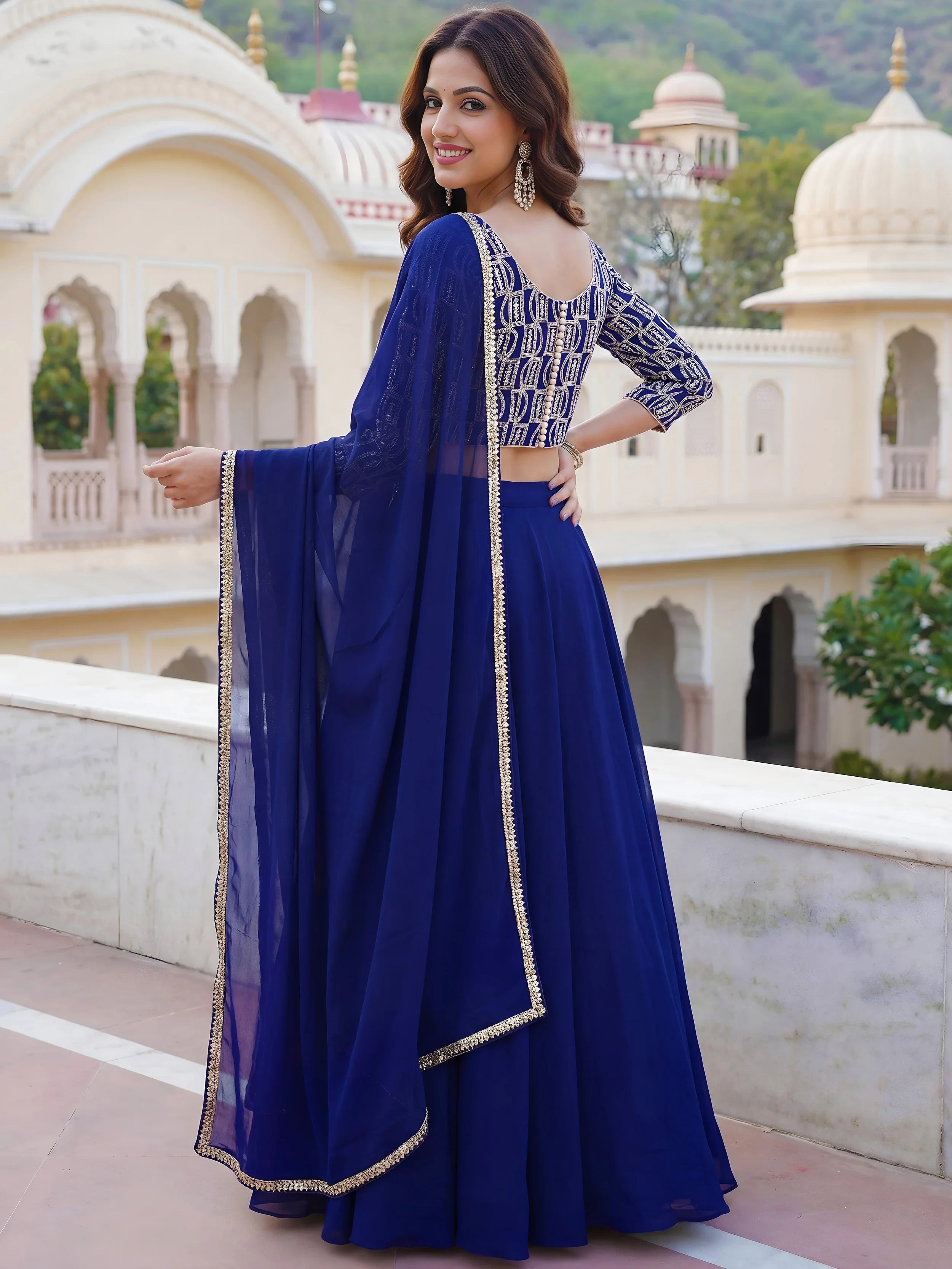 Glowing Blue Embroidered Georgette Sangeet Wear Plus Size Lehenga Choli