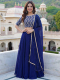 Glowing Blue Embroidered Georgette Sangeet Wear Plus Size Lehenga Choli