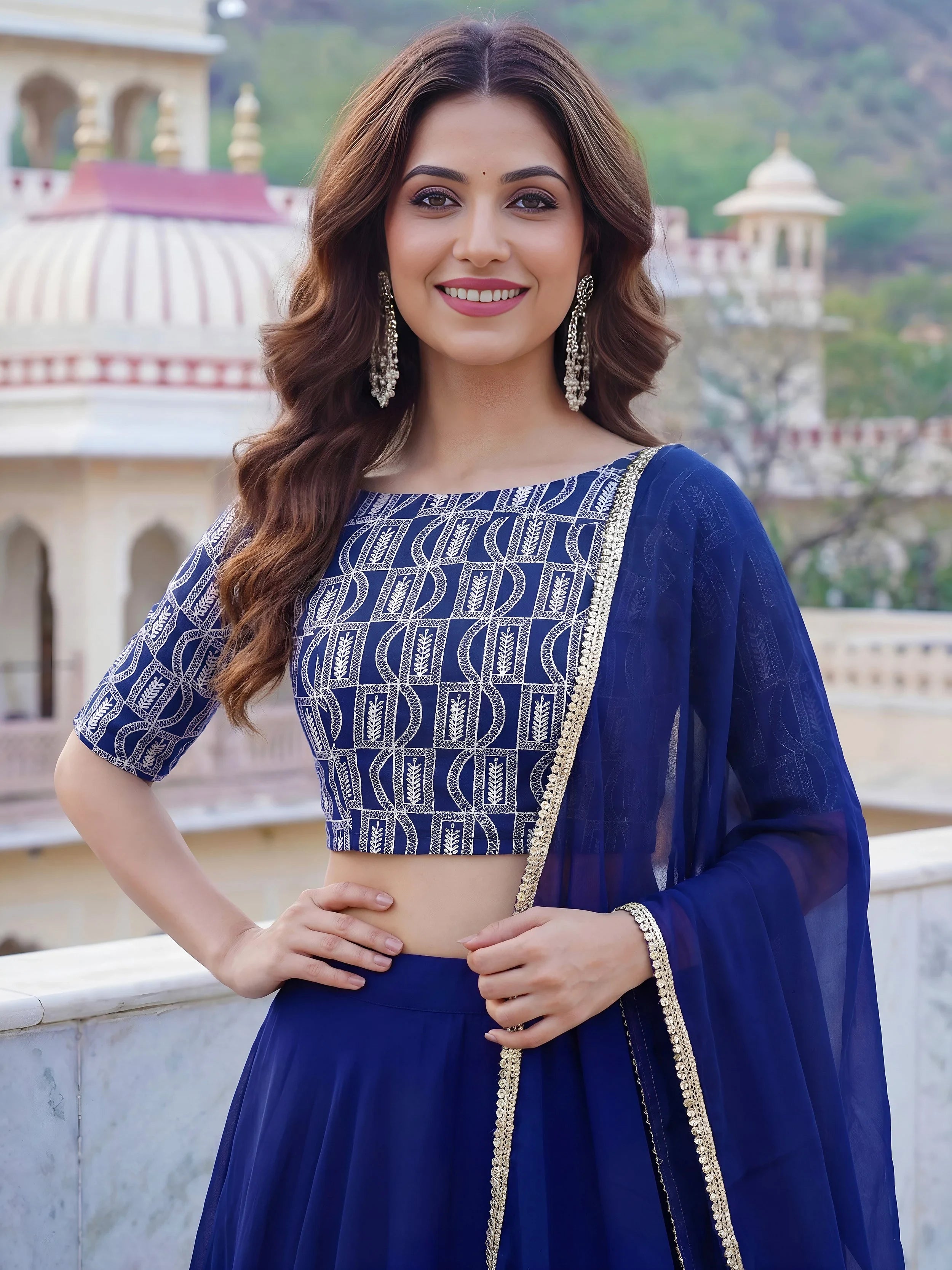 Glowing Blue Embroidered Georgette Sangeet Wear Plus Size Lehenga Choli