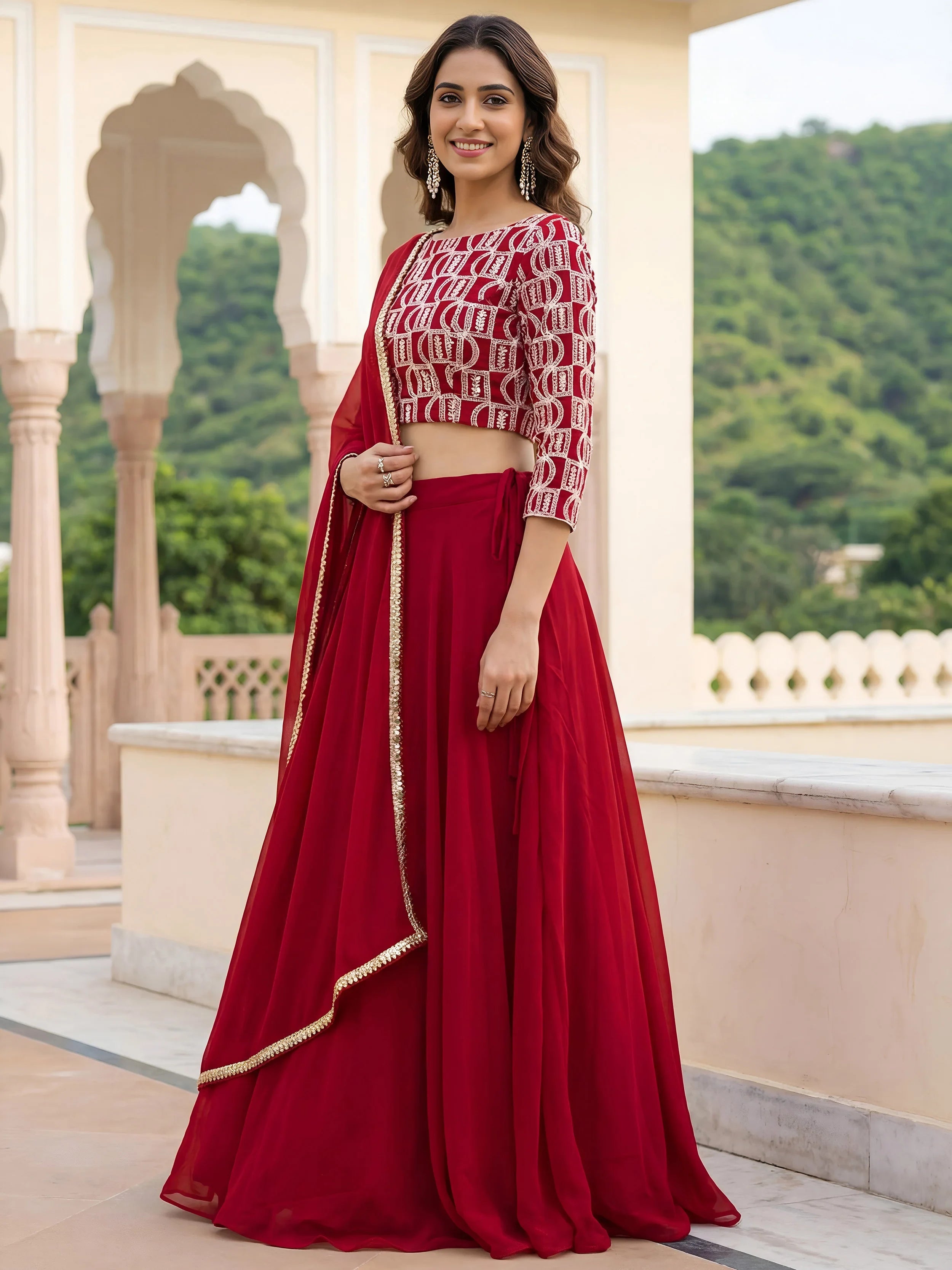 Gorgeous Red Embroidered Georgette Function Wear Plus Size Lehenga Choli
