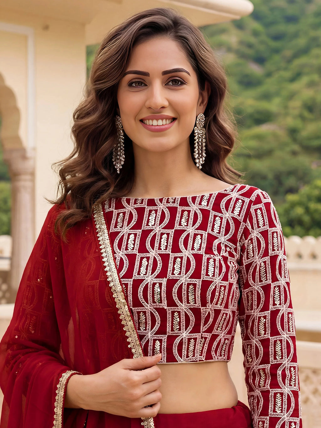 Gorgeous Red Embroidered Georgette Function Wear Plus Size Lehenga Choli