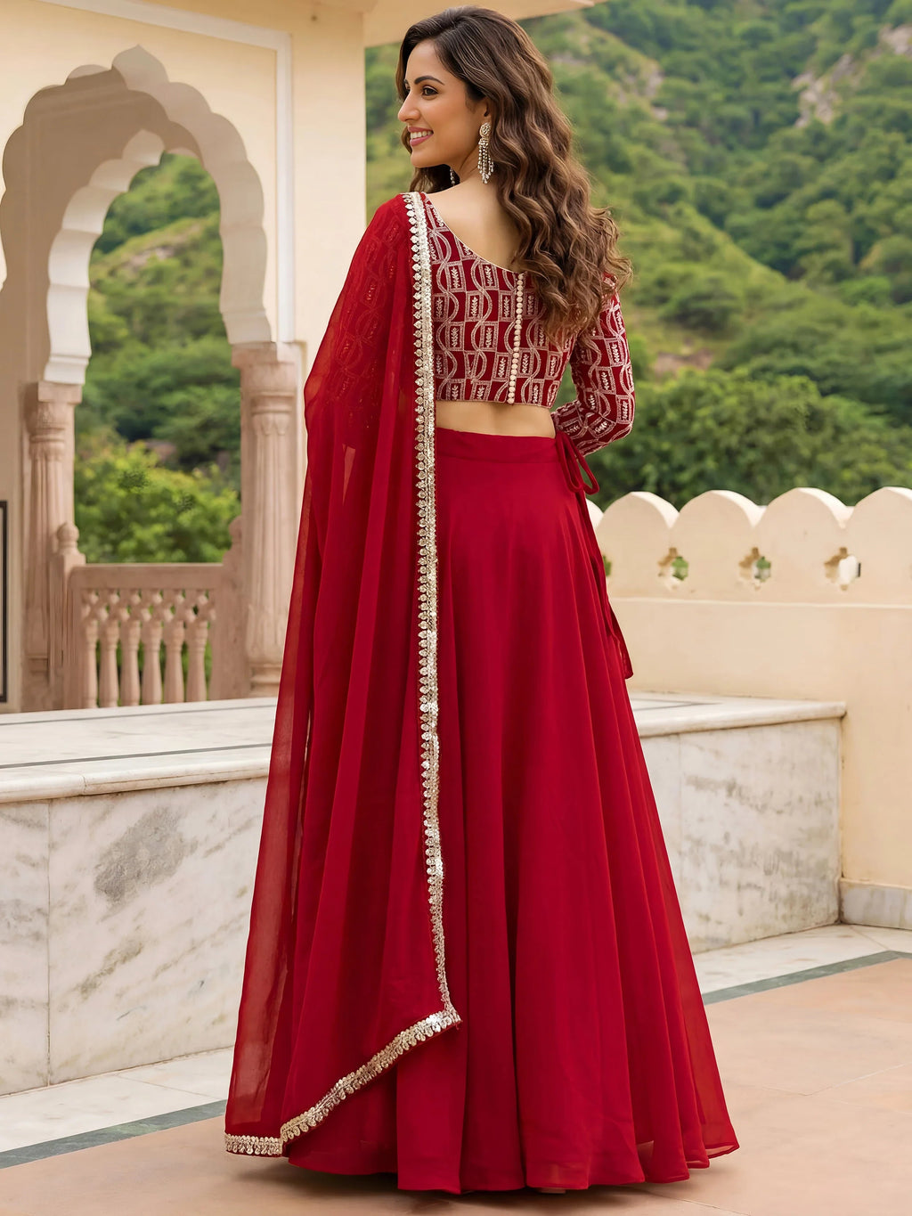 Gorgeous Red Embroidered Georgette Function Wear Plus Size Lehenga Choli
