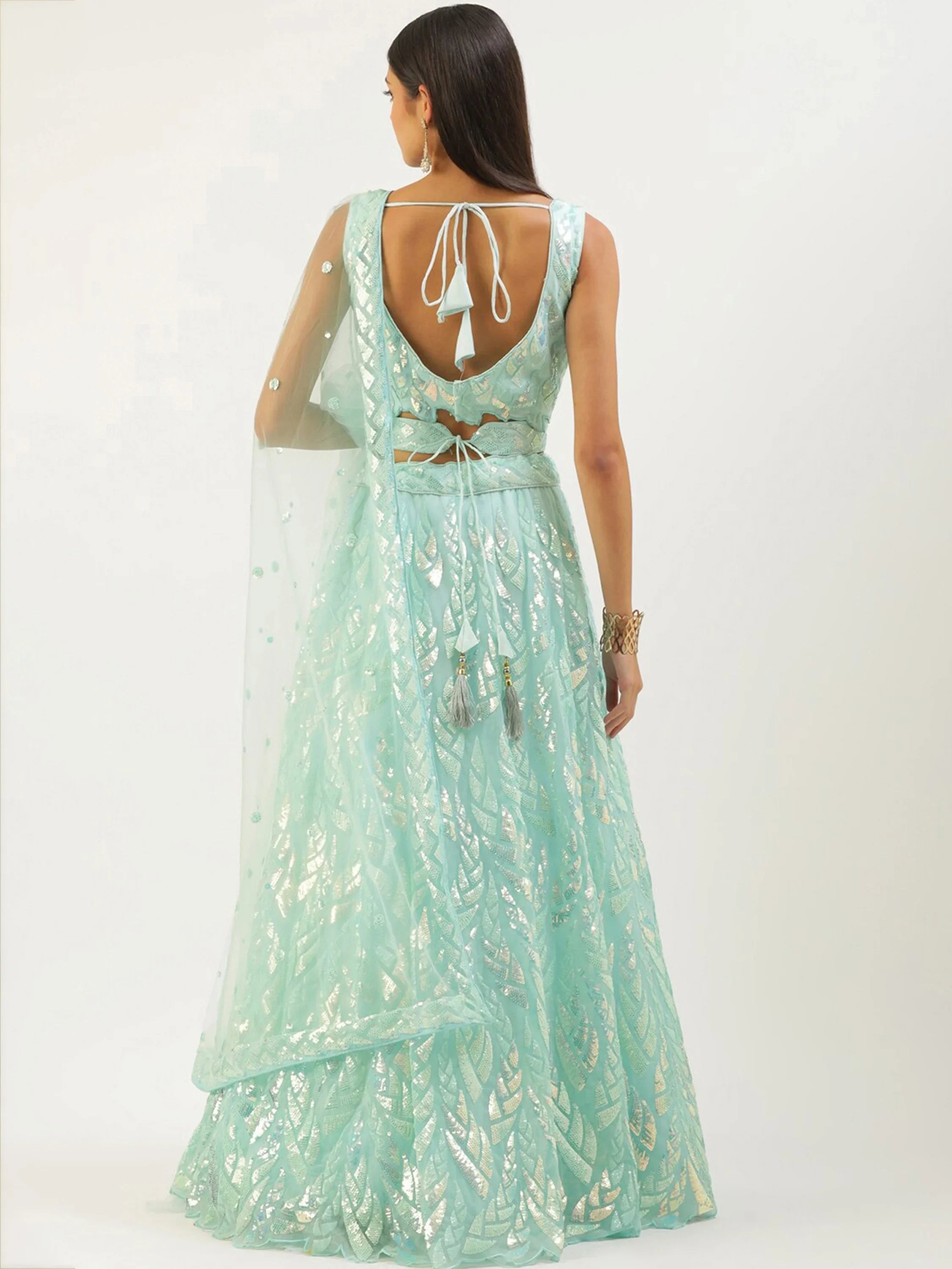 Sky Blue Outstanding Sequins Net Lehenga Choli With Dupatta